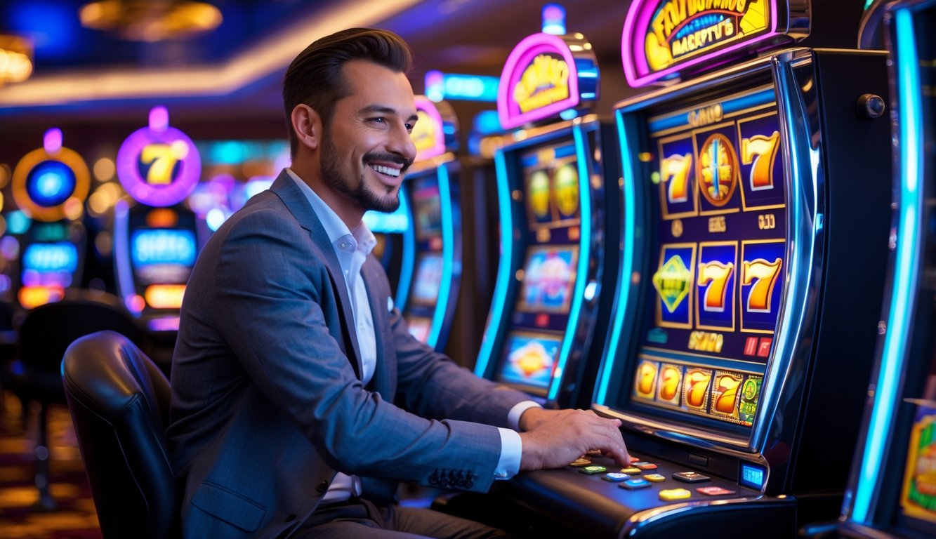 Seorang pria sedang bermain mesin slot di kasino dengan ekspresi fokus dan senang, dikelilingi oleh lampu warna-warni dan suasana kasino modern.