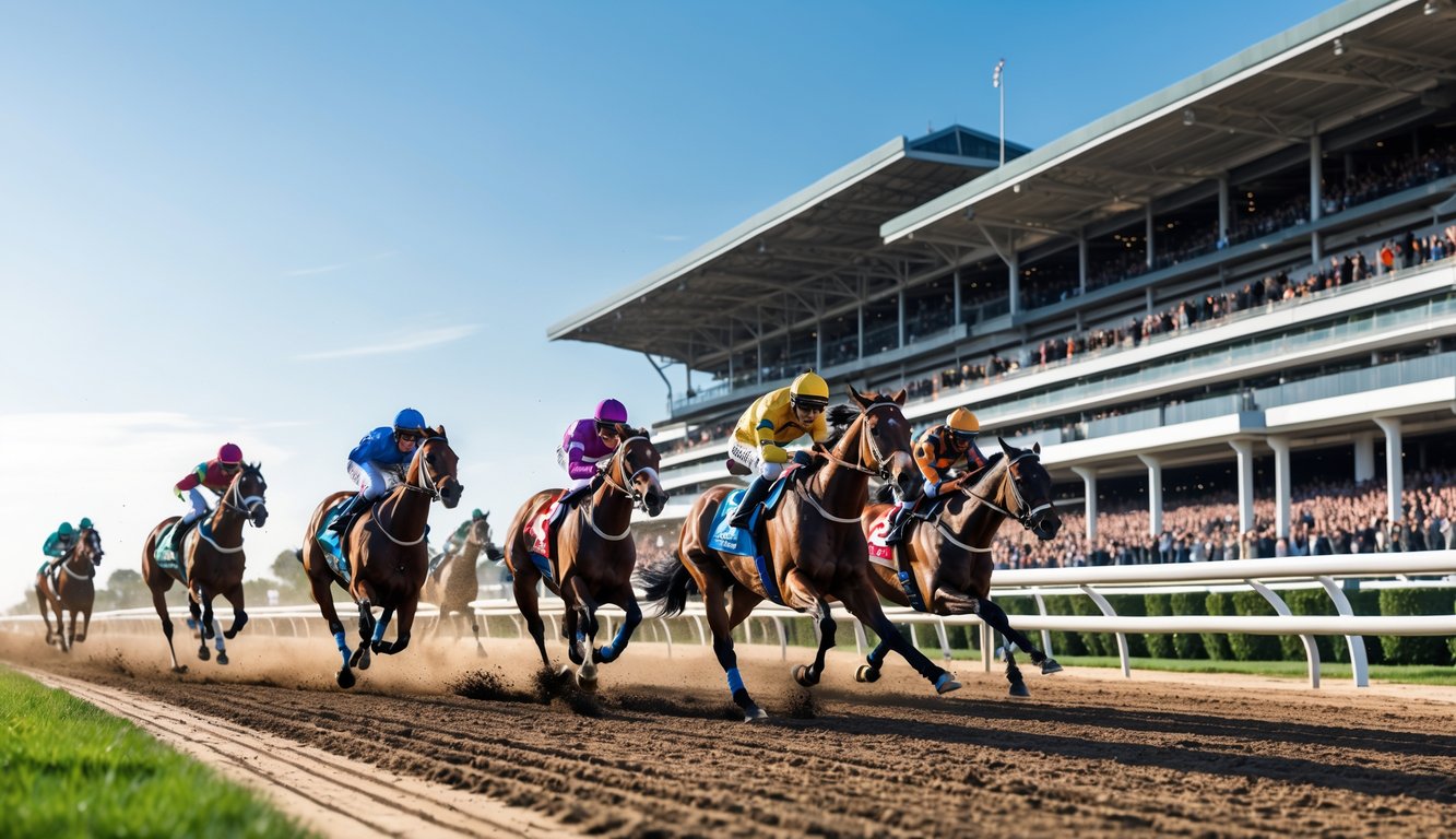 Lomba balap kuda dengan beberapa joki sedang mengendarai kuda kencang di lintasan balap yang ramai dengan penonton.