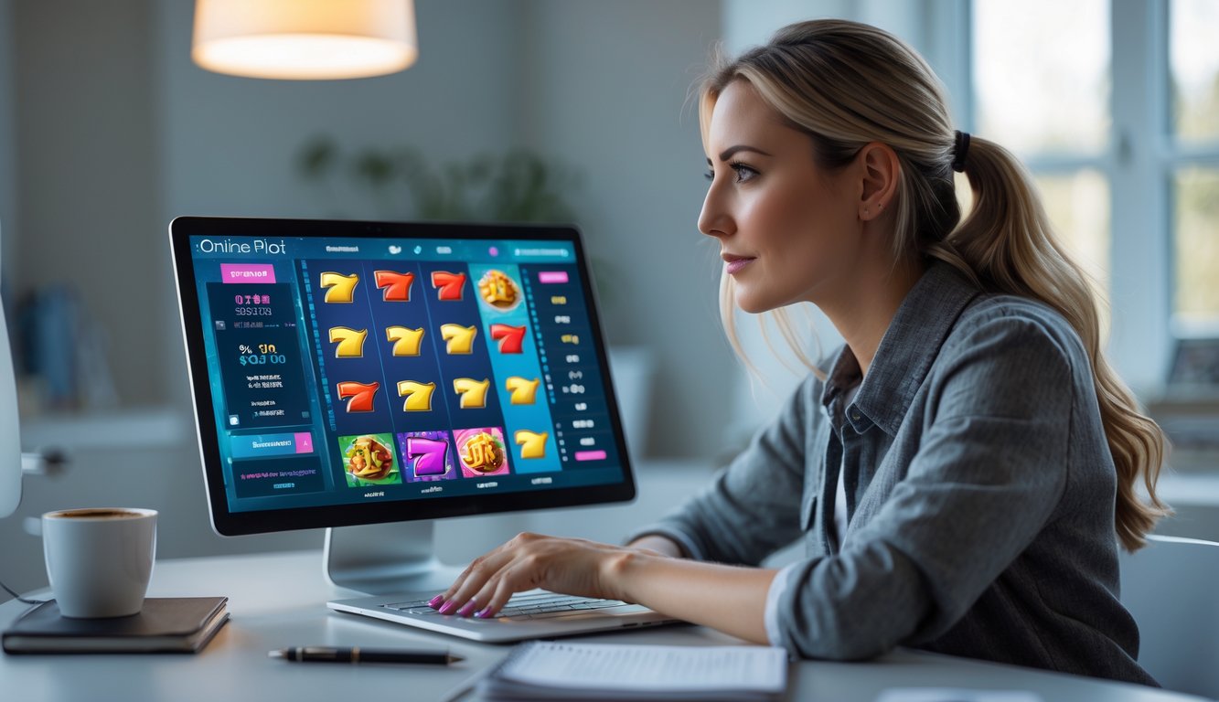 Seorang wanita muda duduk di meja dengan laptop yang menampilkan permainan slot online, terlihat fokus dan tenang dalam suasana ruangan yang nyaman.
