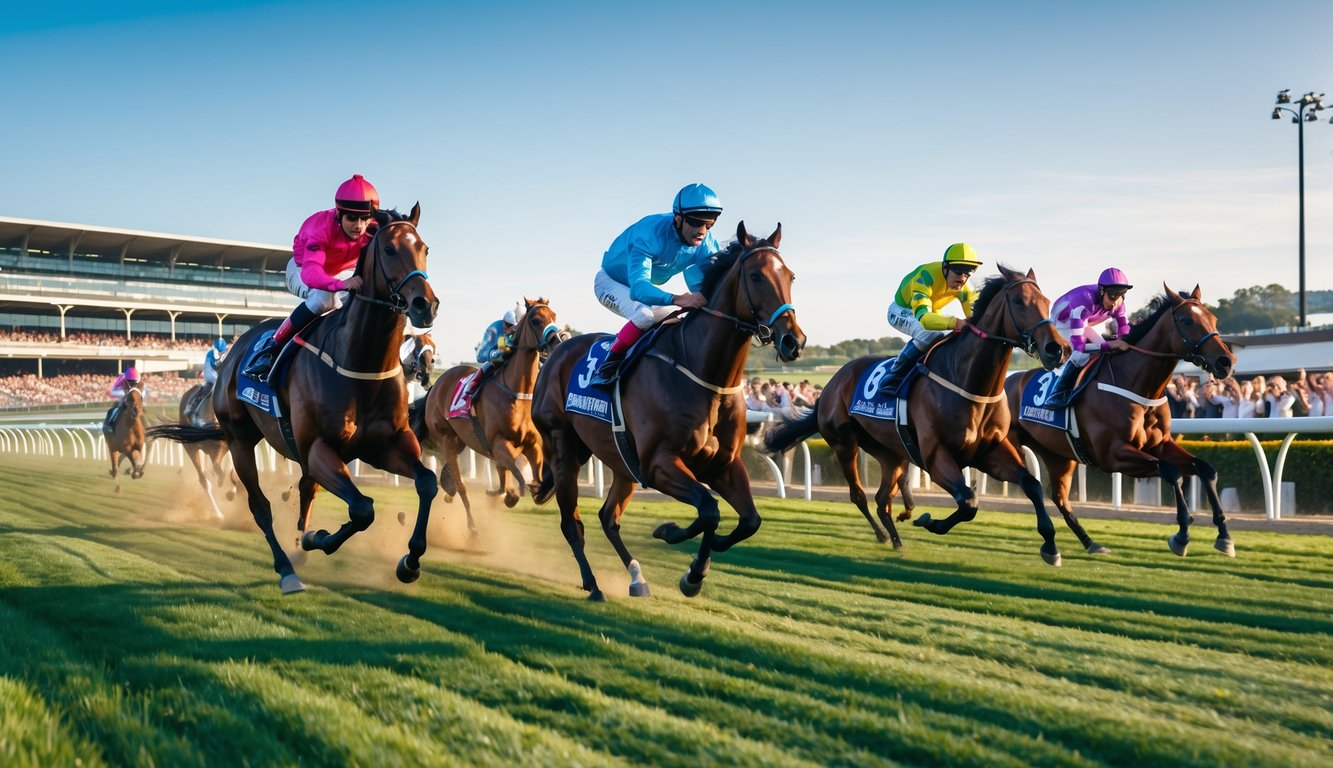 Beberapa kuda pacu sedang berlari cepat di lintasan dengan joki mengenakan pakaian berwarna-warni, di tengah kerumunan penonton yang antusias.