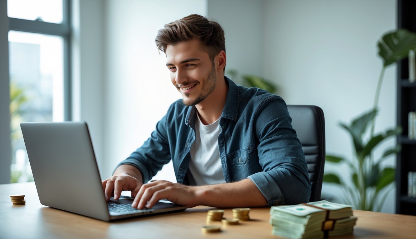 Seorang pria muda duduk di meja dengan laptop, fokus bermain permainan slot online dengan beberapa koin dan uang di sampingnya.