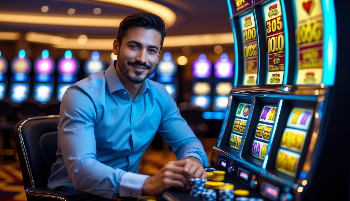 Seorang pria percaya diri duduk di depan mesin slot di kasino dengan ekspresi fokus dan senyum kecil.