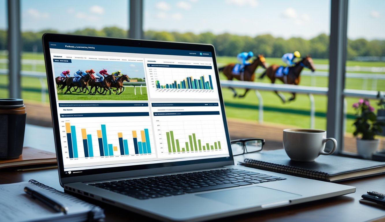 Seorang analis data sedang melihat grafik dan statistik balap kuda di laptop dengan latar belakang lintasan balap dan kuda yang sedang berlomba.