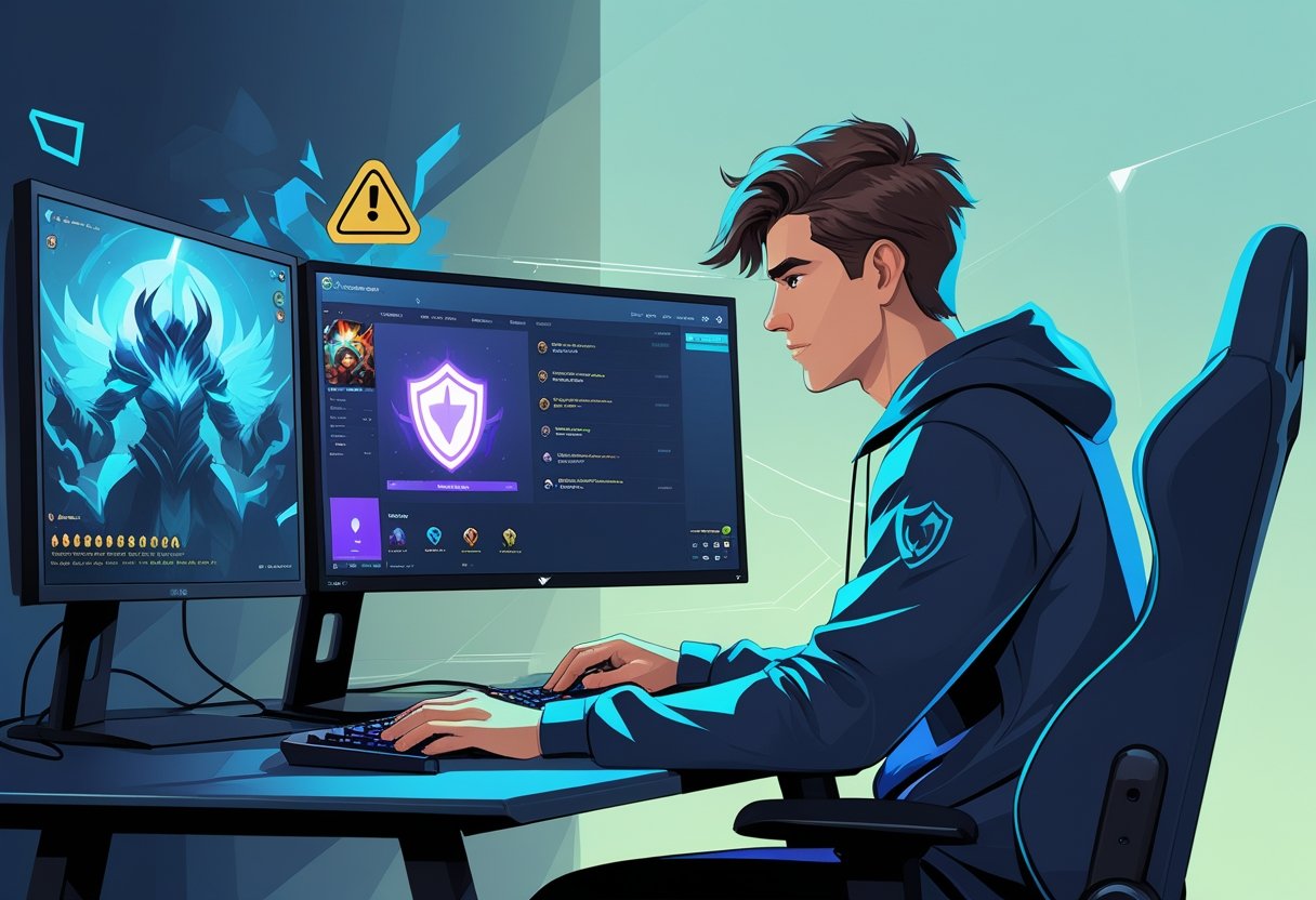 A gamer at a modern gaming setup with multiple monitors showing a MOBA game, thoughtfully planning to avoid risks while playing.