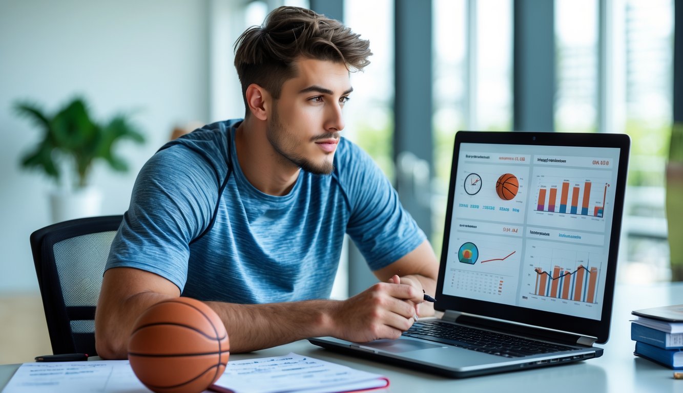 Seorang pria muda duduk di meja dengan laptop dan bola basket, sedang menganalisis data dan membuat catatan.