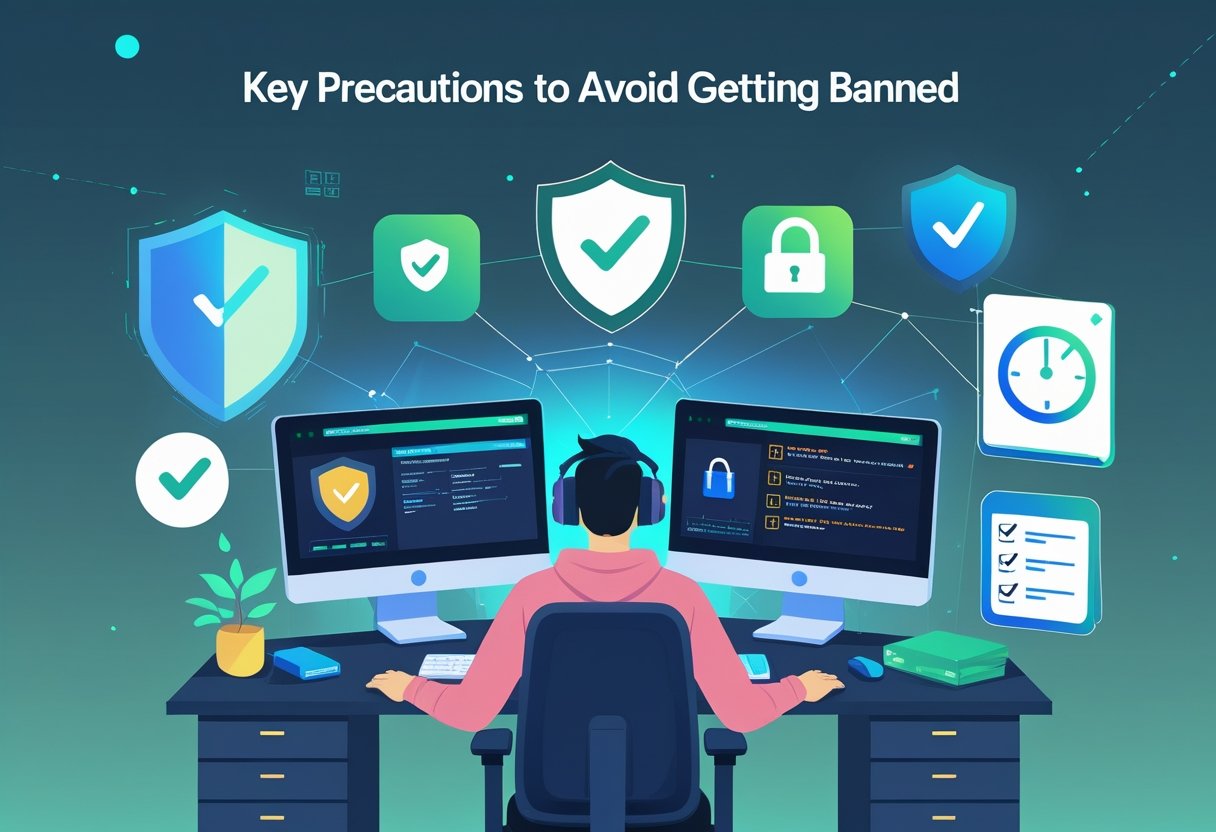 A gamer at a computer desk surrounded by icons representing security measures like a shield, padlock, clock, and checklist, indicating precautions to avoid getting banned.