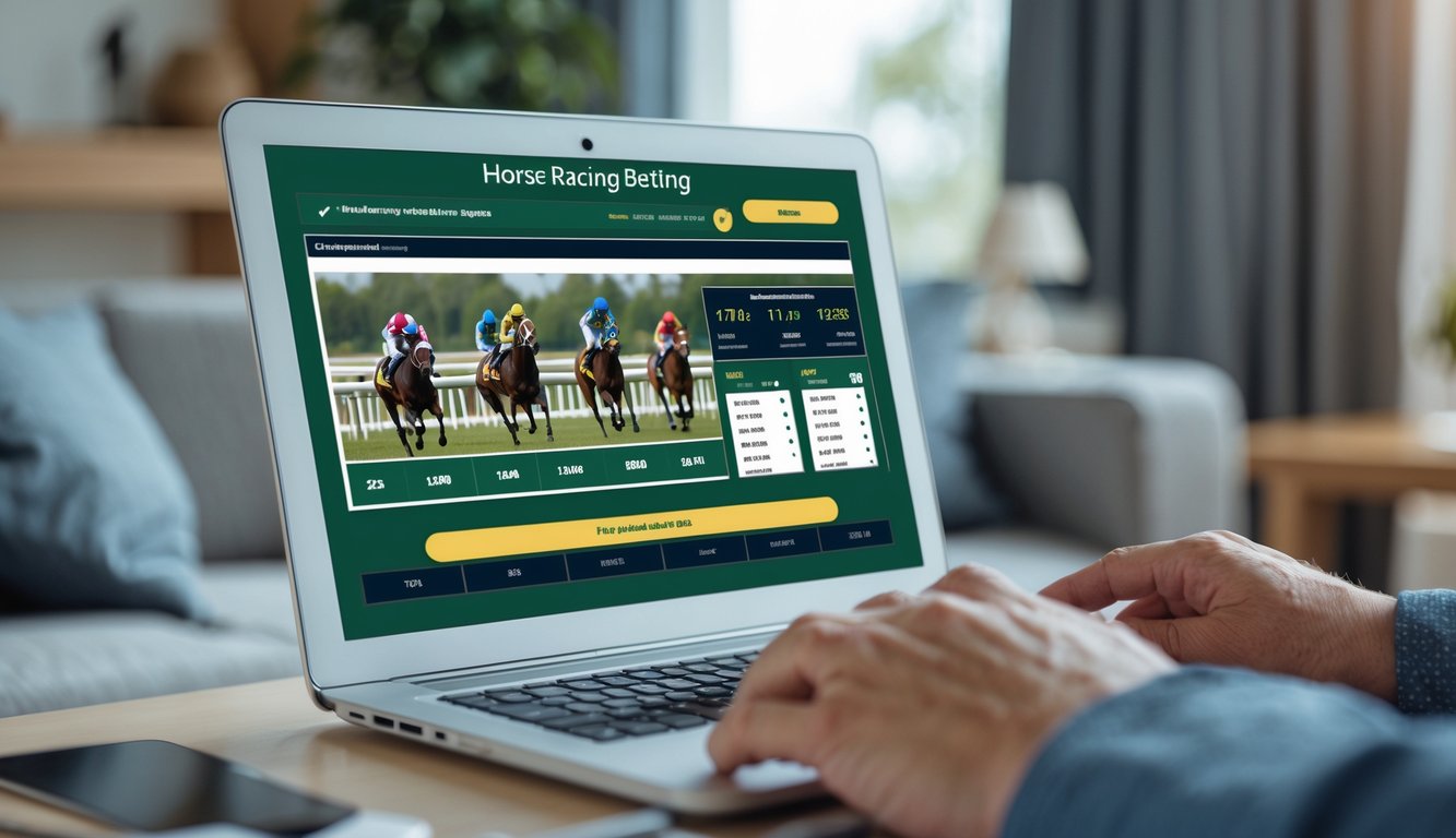 Seseorang menggunakan laptop atau ponsel untuk memasang taruhan balap kuda secara online di lingkungan rumah atau kantor yang nyaman.