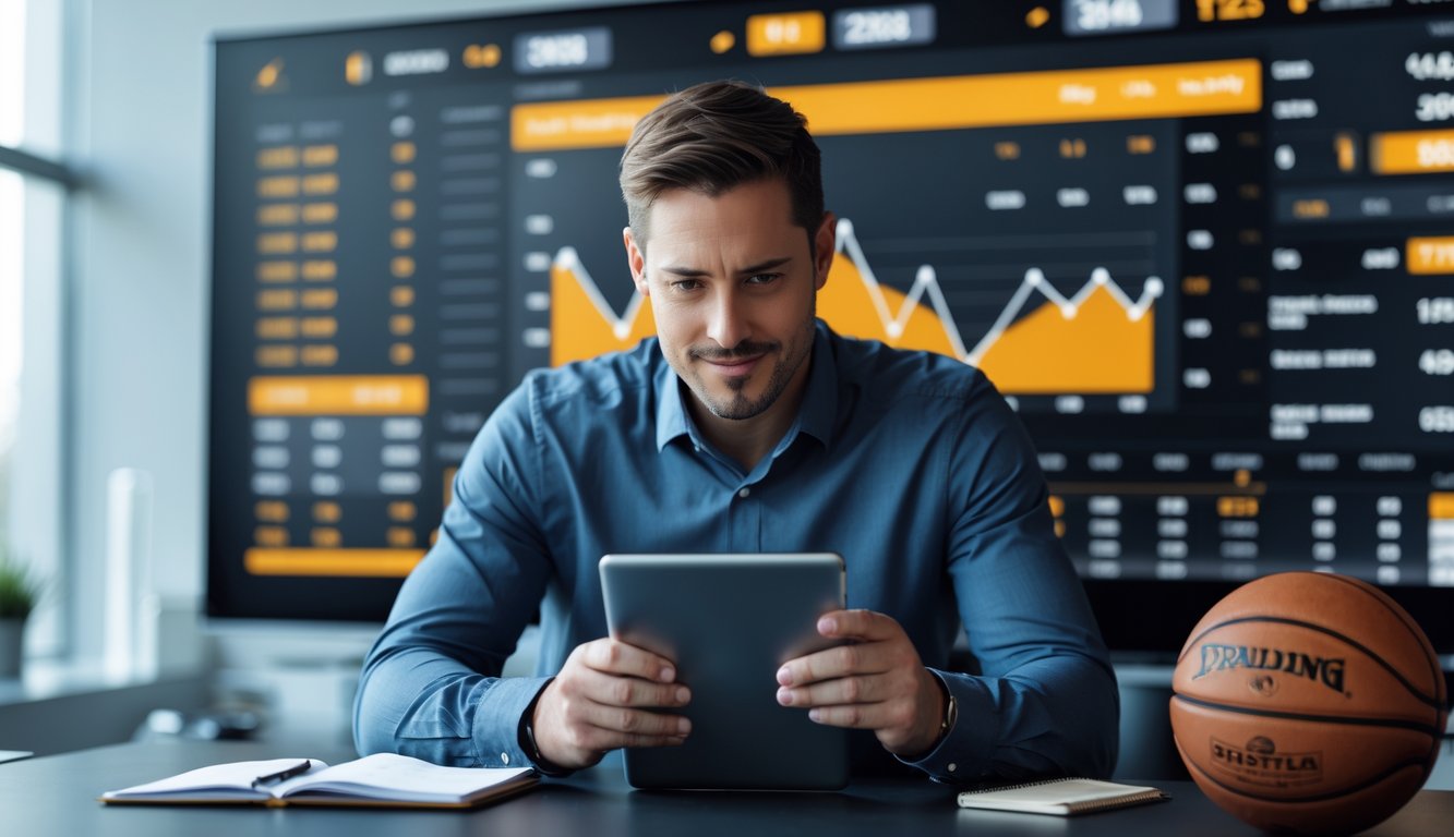 Seorang pria sedang menganalisis statistik bola basket menggunakan tablet di kantor modern dengan layar besar menampilkan data pertandingan bola basket di latar belakang.