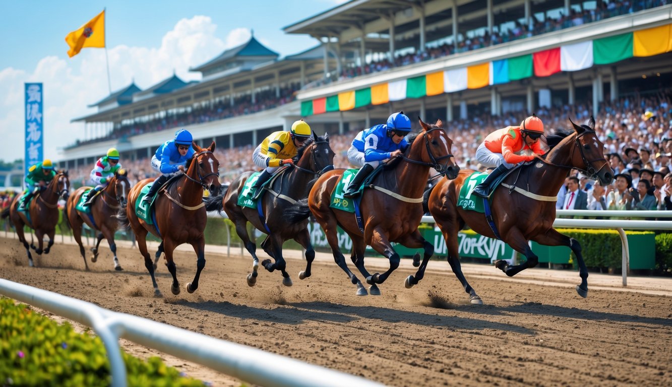 Beberapa kuda pacu dengan joki sedang berlomba di lintasan balap dengan penonton ramai di tribun.