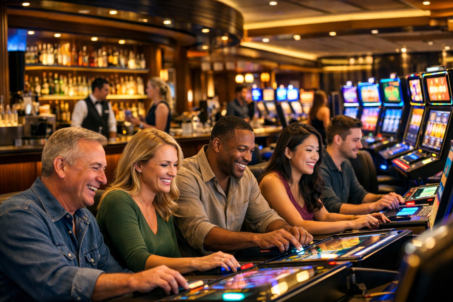 A Lively Casino Interior With People Playing Slot Machines And Electronic Games, And A Bar Area In The Background.