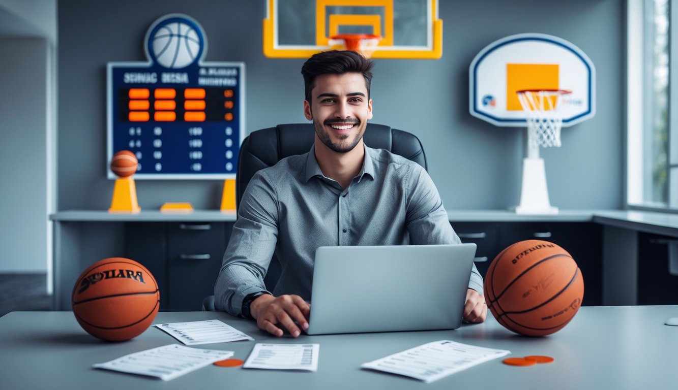 Seorang pria muda duduk di meja dengan laptop menampilkan statistik bola basket, dikelilingi bola basket dan piala di ruangan kantor yang terang.