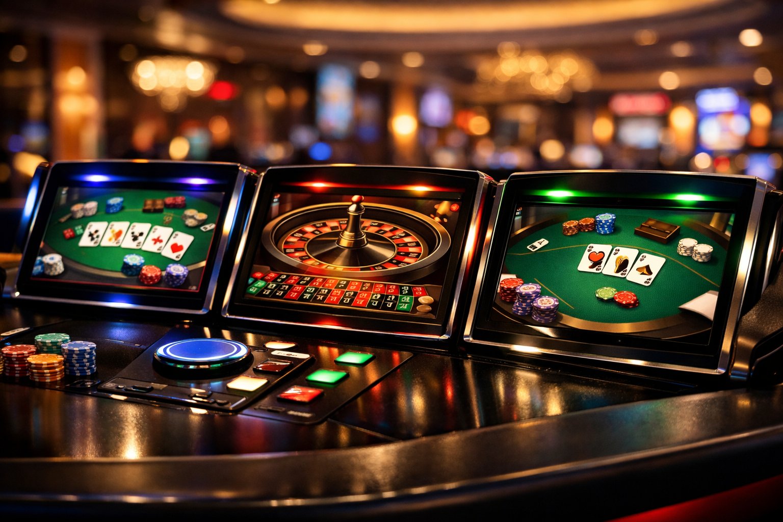 CloseUp Of A Digital Casino Gaming Table With Colorful Slot Machine Screens Showing Different Games In A Modern Casino Setting.