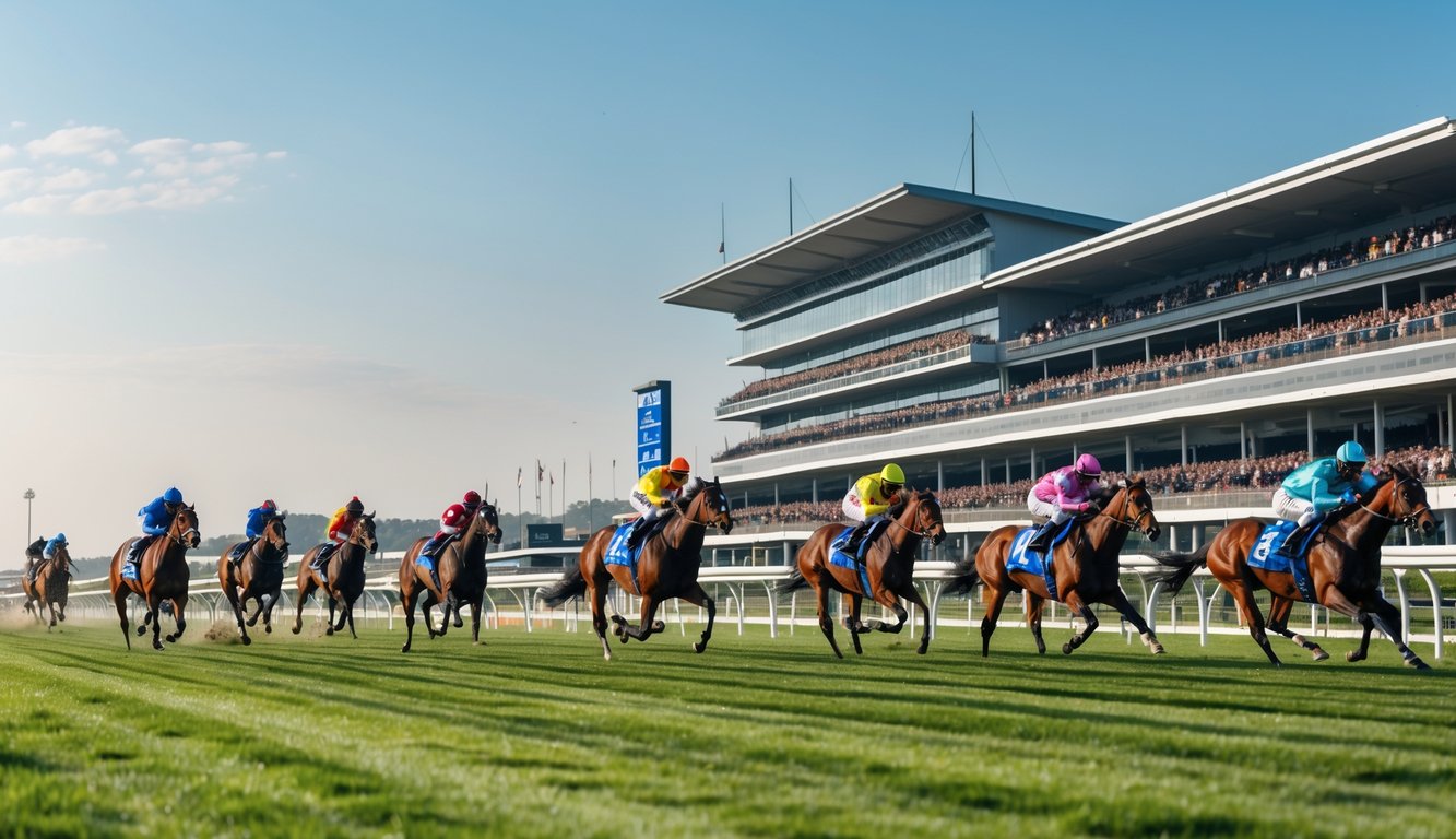Lomba balap kuda internasional dengan beberapa kuda dan joki yang sedang berlari cepat di lintasan balap, penonton di tribun, dan petugas perlombaan mengamati jalannya balapan.