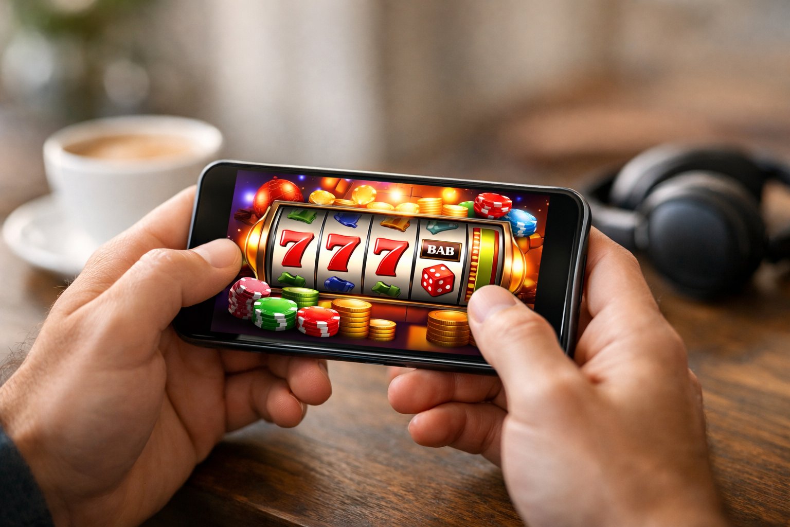 Person Holding A Smartphone Playing An Online Casino Game In A Cozy Indoor Setting.