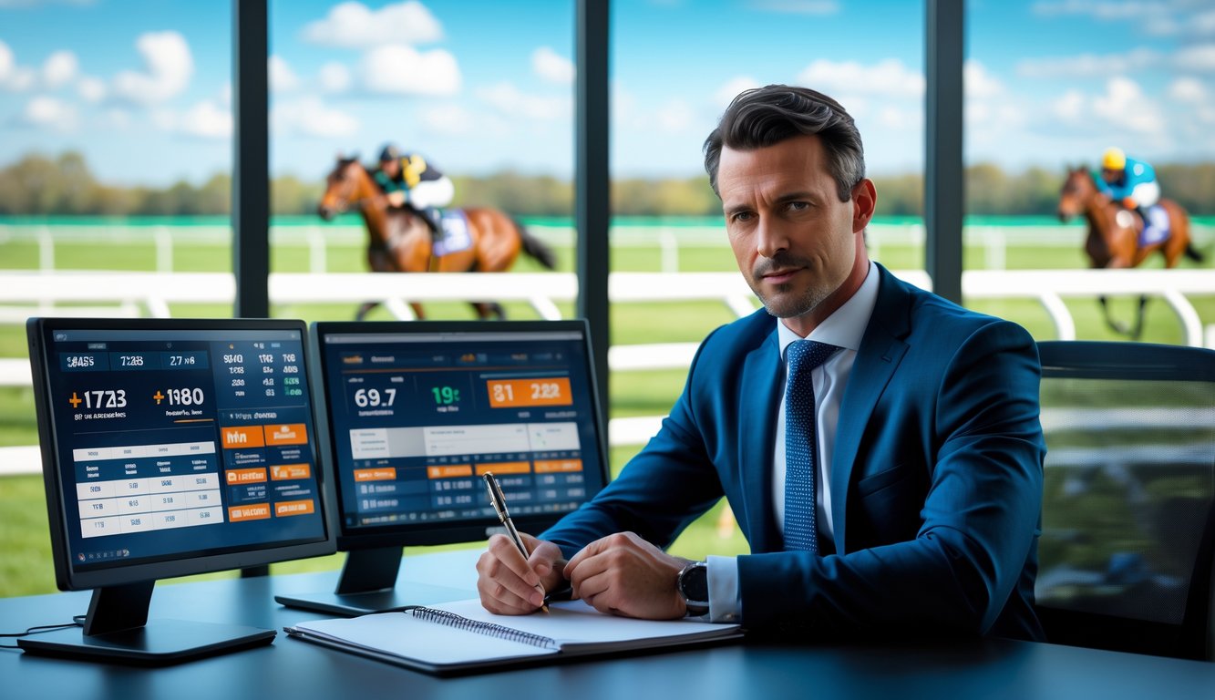 Seorang pria berpakaian rapi sedang menganalisis data balap kuda di depan layar komputer dengan latar belakang lintasan balap kuda.