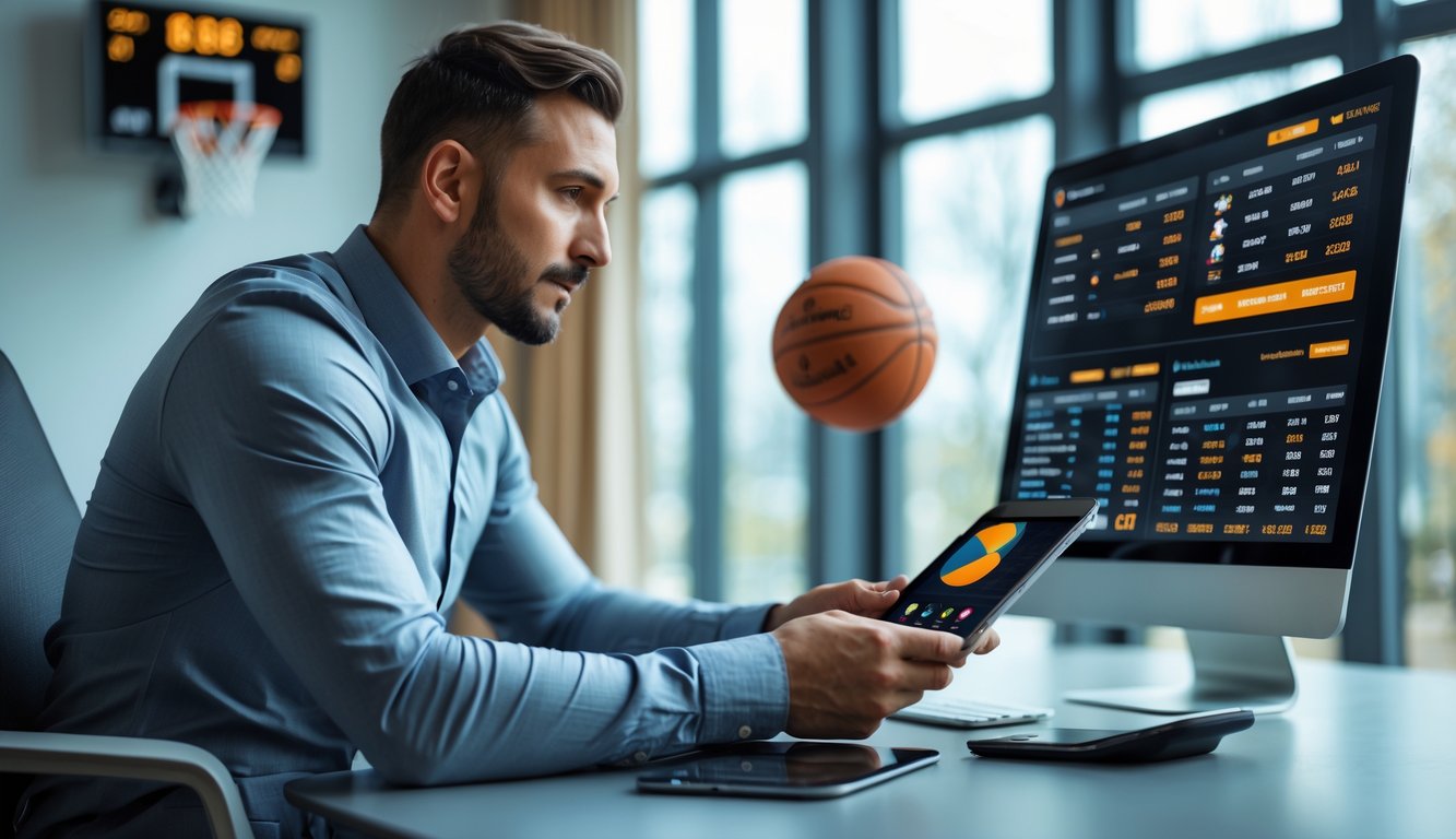Seorang pria sedang menganalisis data taruhan bola basket menggunakan tablet di sebuah ruangan modern.