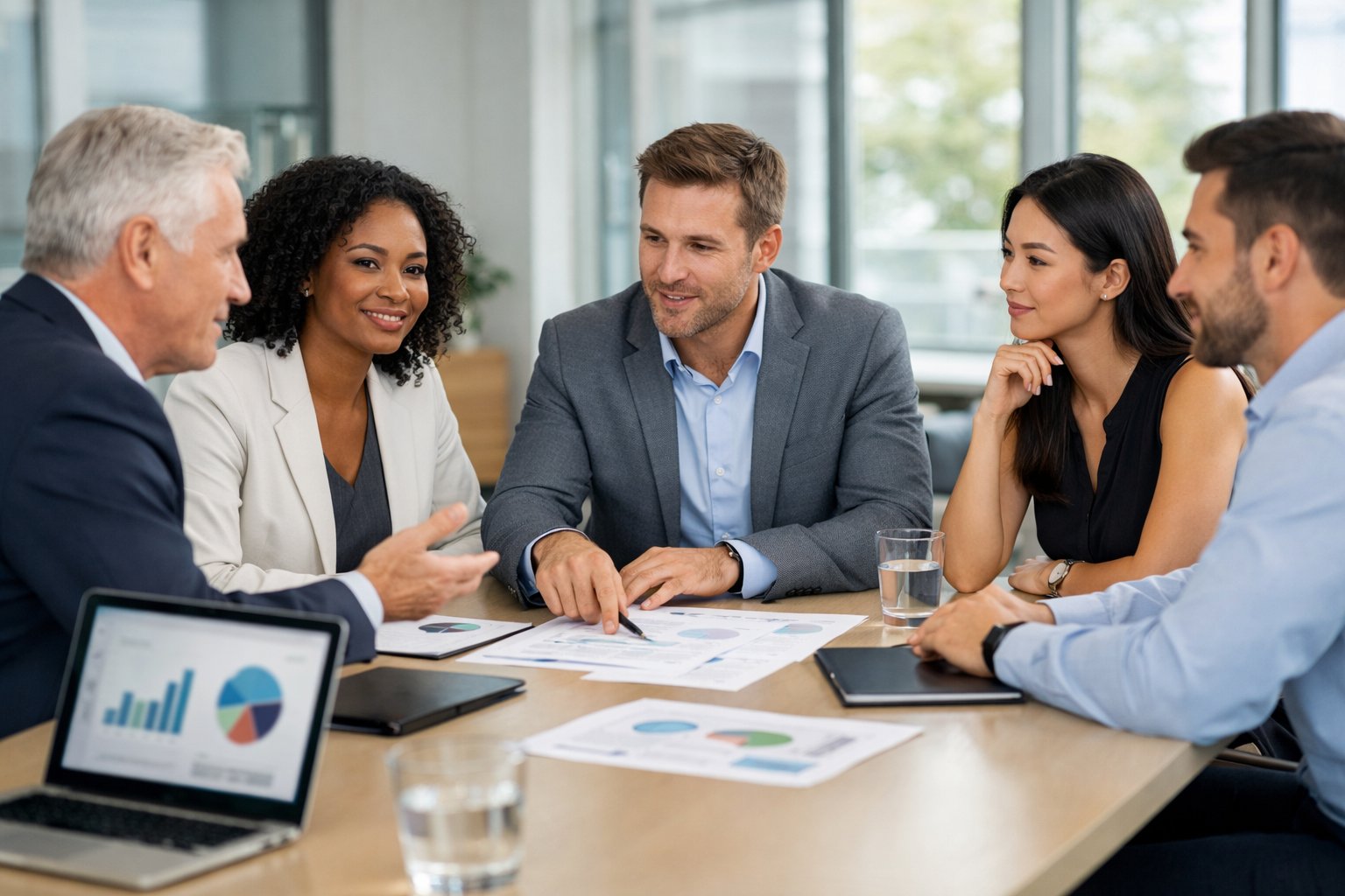 A Group Of Professionals Sitting Around A Table In An Office, Discussing And Reviewing Documents And Digital Devices.
