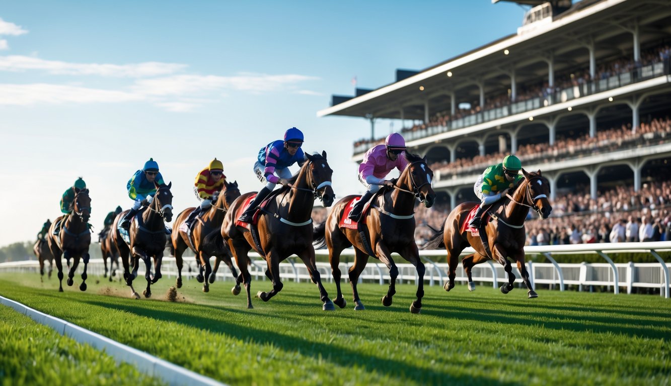 Beberapa kuda pacu dengan joki berwarna-warni berlomba di lintasan pacuan kuda dengan penonton di tribun pada siang hari.