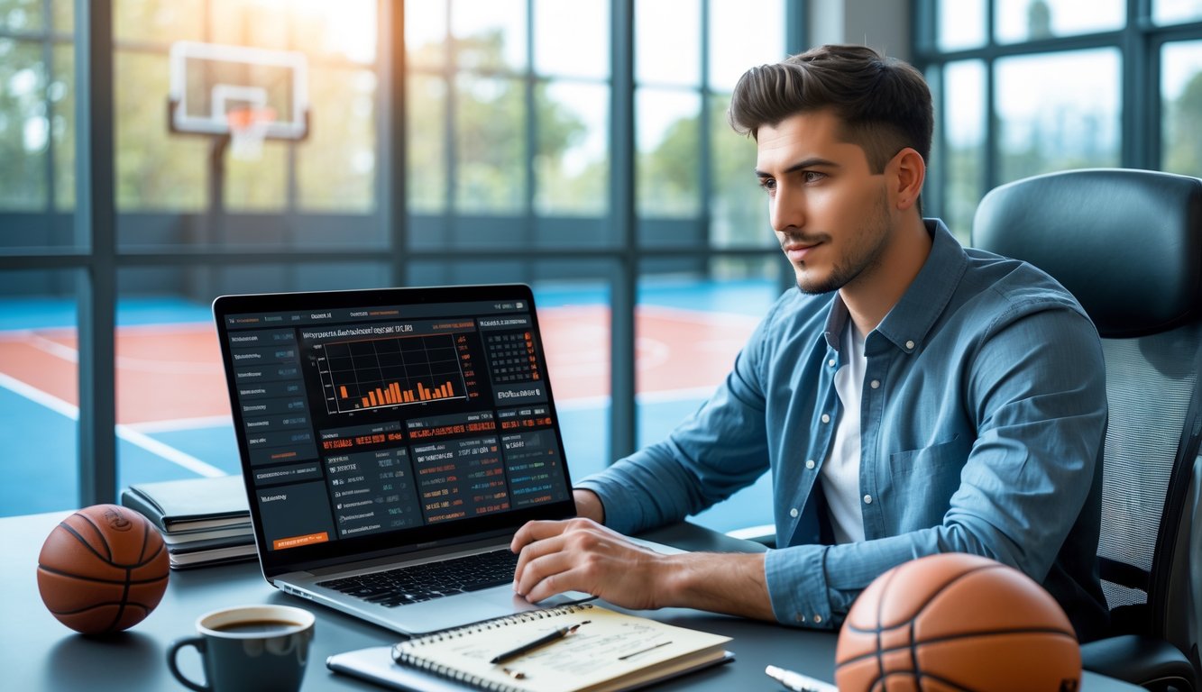 Seorang pria muda duduk di meja dengan laptop, menganalisis statistik dan strategi bola basket sambil melihat lapangan bola basket di luar jendela.