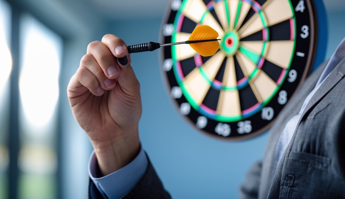 Seseorang memegang anak panah siap dilempar ke papan dart dalam ruangan dengan pencahayaan terang.