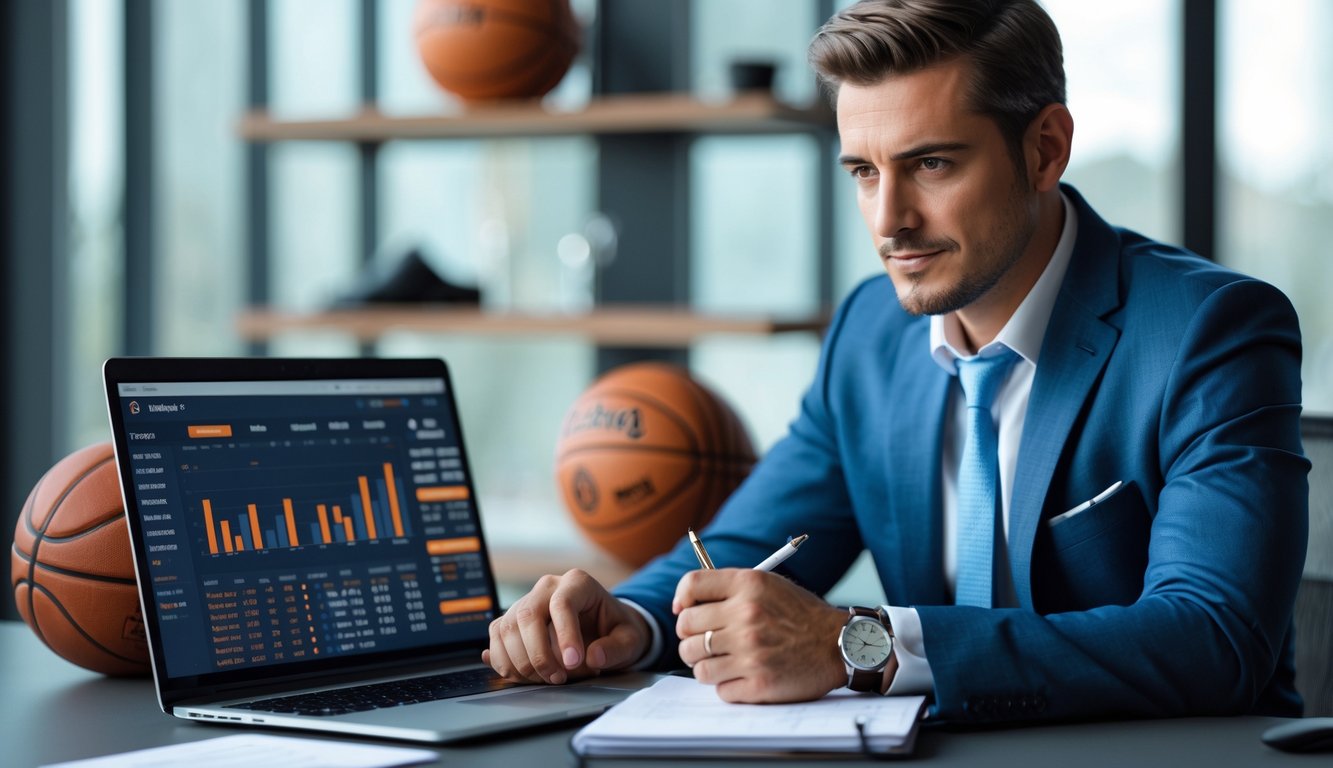 Seorang pria duduk di meja dengan laptop dan catatan, fokus menganalisis statistik bola basket dengan ekspresi tenang.
