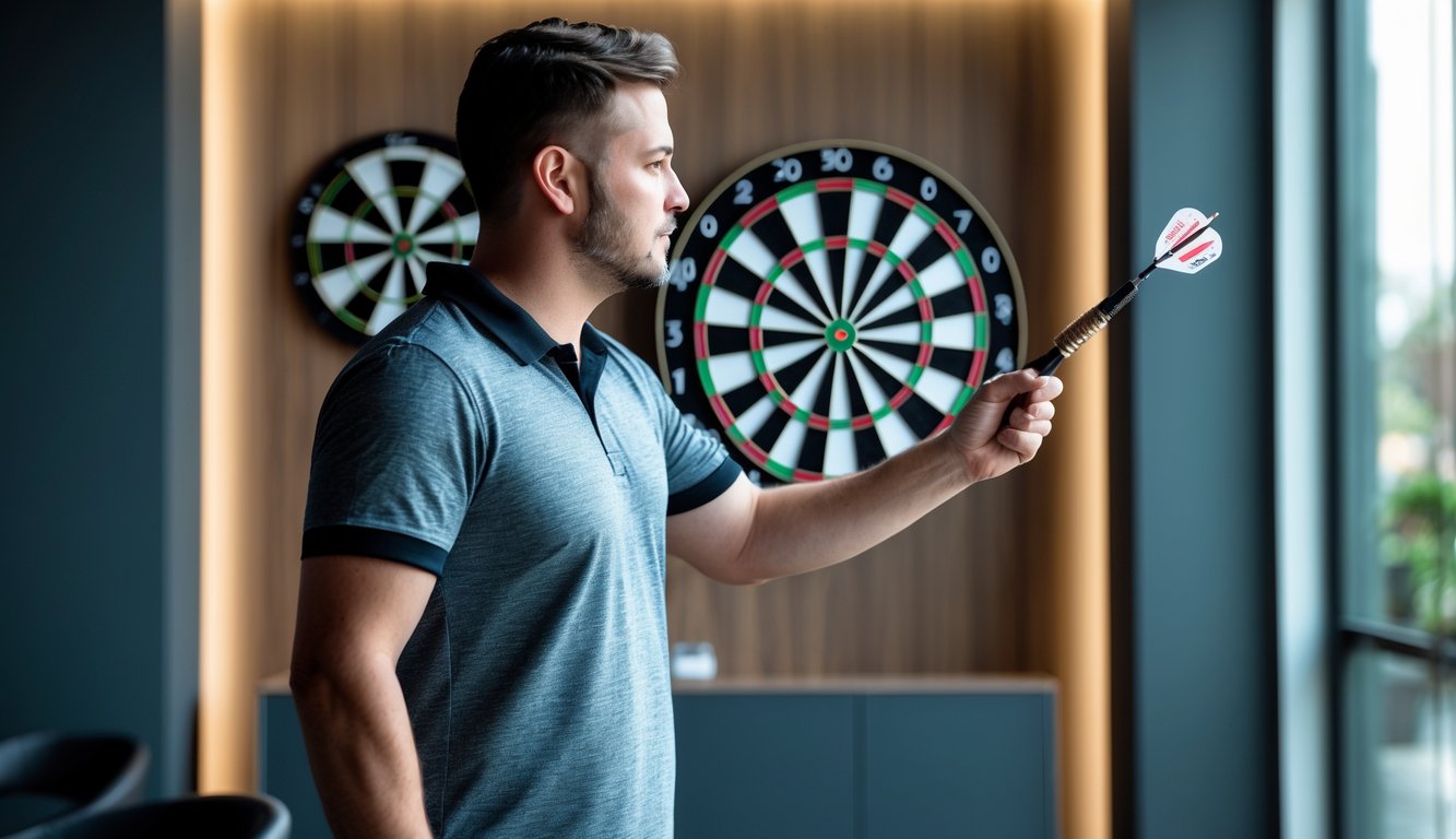 Seorang pemain dart yang fokus sedang melempar dart ke papan dart di dalam ruangan yang terang dan rapi.