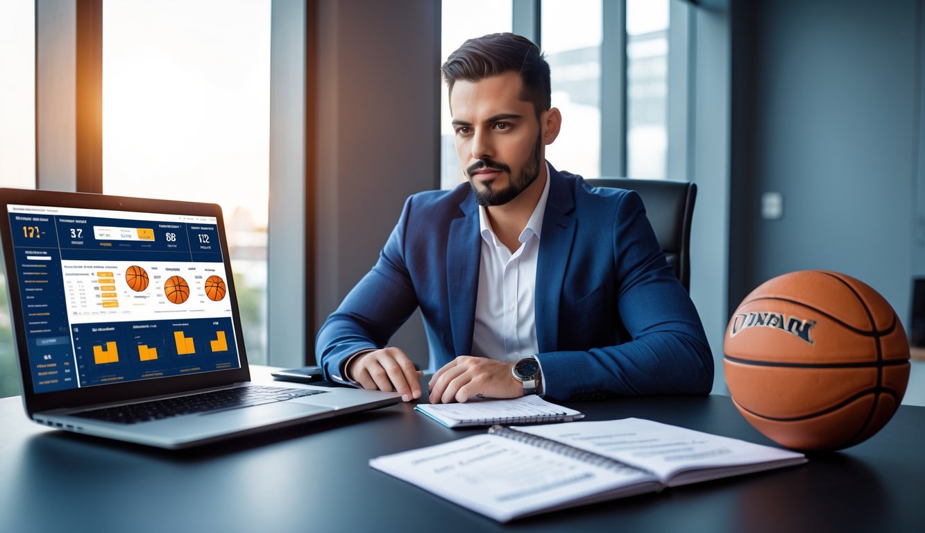 Seorang pria fokus menganalisis strategi taruhan basket di meja kantor dengan laptop, bola basket, dan catatan.