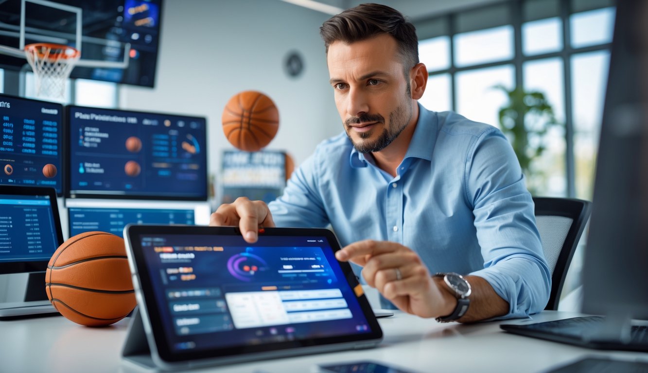 Seorang pria sedang menganalisis statistik pertandingan basket menggunakan tablet di kantor modern dengan layar menampilkan data dan grafik basket.