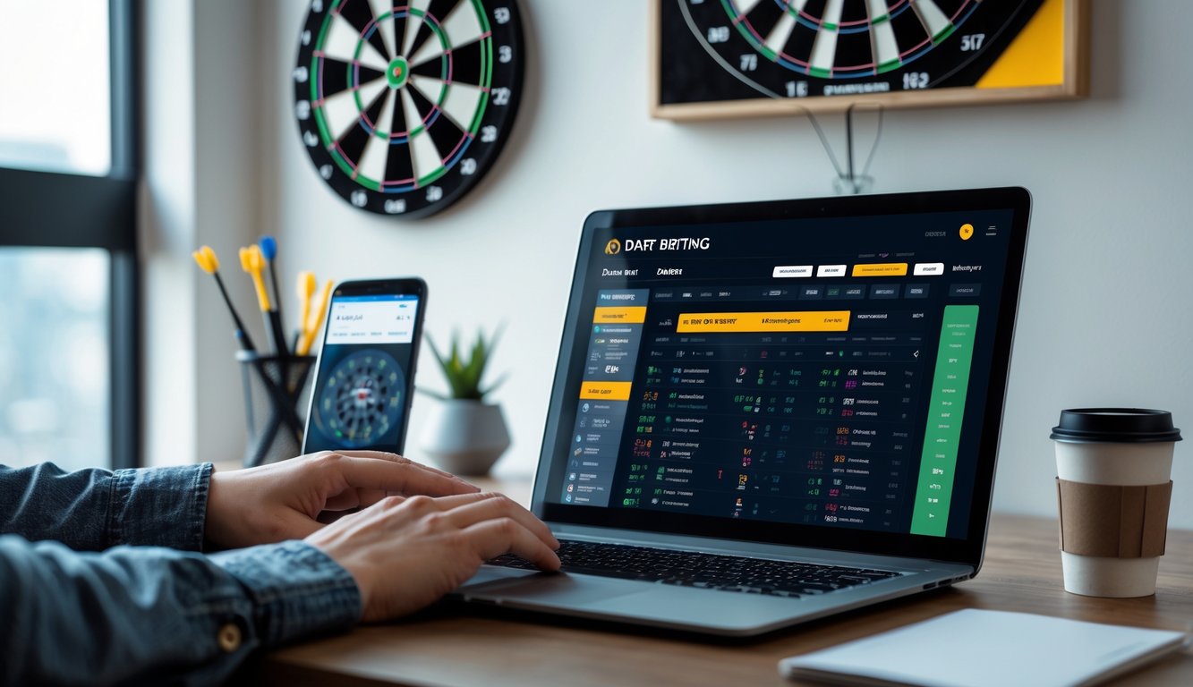 Seseorang menggunakan laptop di meja dengan papan dart di dinding, menampilkan aktivitas taruhan dart online dengan pembaruan langsung.