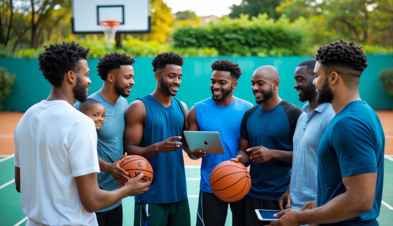 Sekelompok pria berdiskusi di lapangan basket luar ruangan, beberapa memegang bola basket dan lainnya melihat catatan atau tablet.