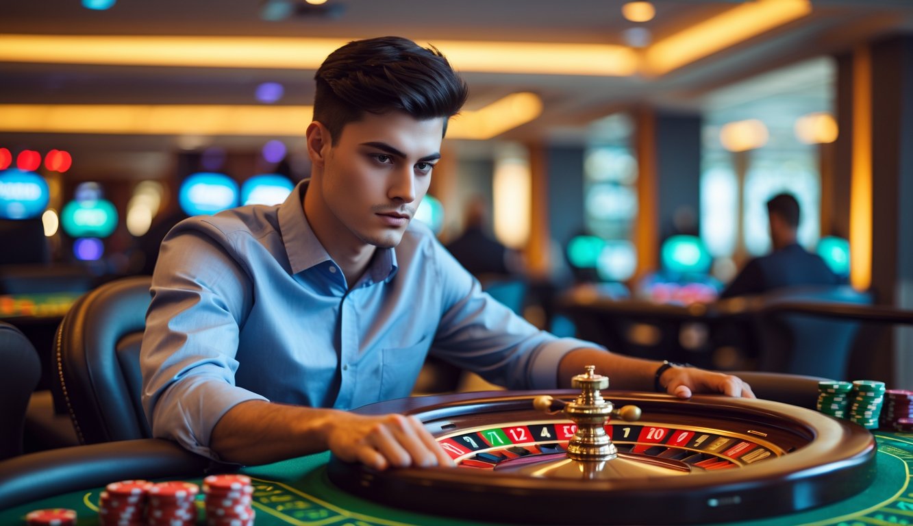 Seorang pria muda duduk di meja kasino dengan roda roulette di depannya, fokus mengamati roda yang sedang berputar.