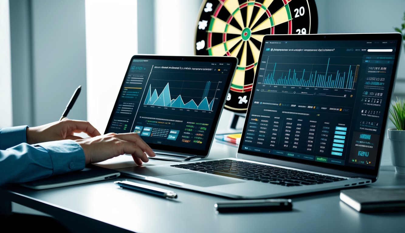 Meja kerja dengan laptop dan tablet yang menampilkan grafik dan data statistik, serta papan dart di latar belakang.