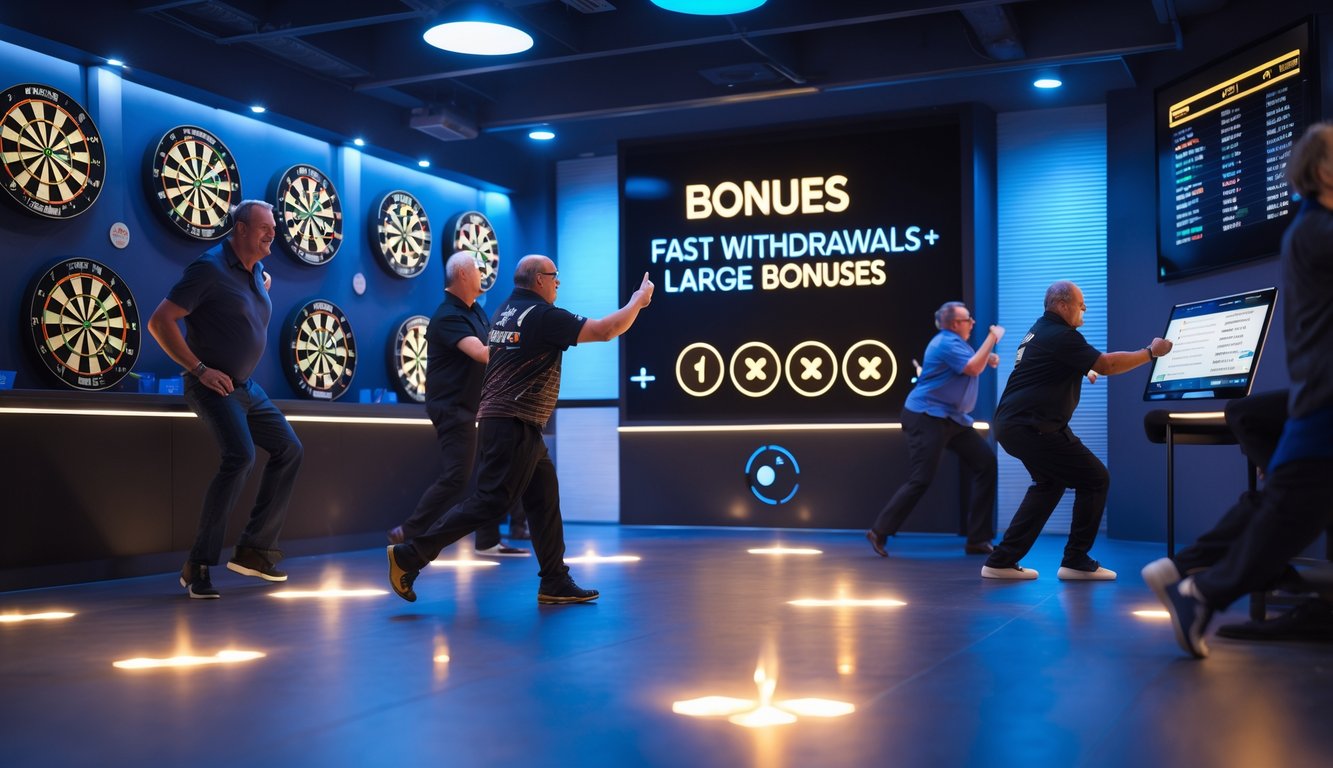 Orang-orang bermain dart di arena modern dengan suasana semangat dan layar digital yang menunjukkan fitur bonus besar dan penarikan cepat.