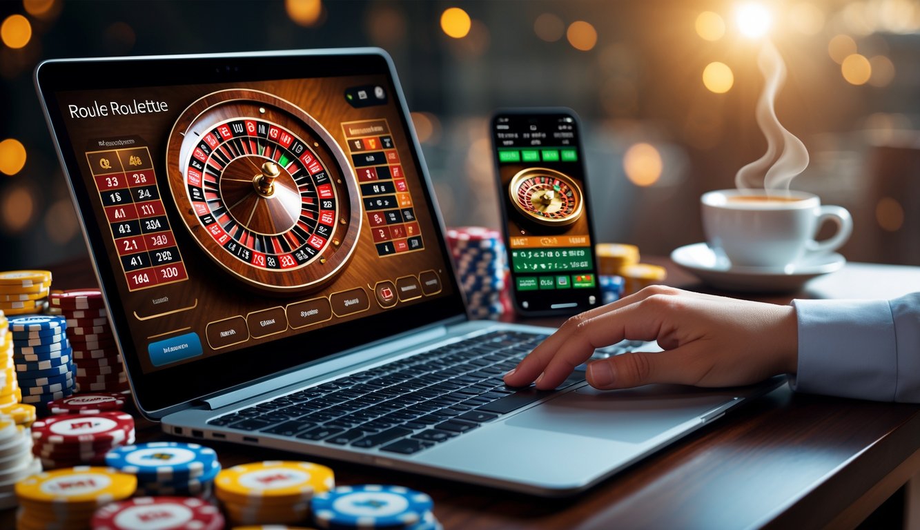 Seorang pemain menggunakan laptop dengan tampilan roda roulette dan chip kasino di meja, menunjukkan aktivitas judi roulette online yang aman dan terpercaya.