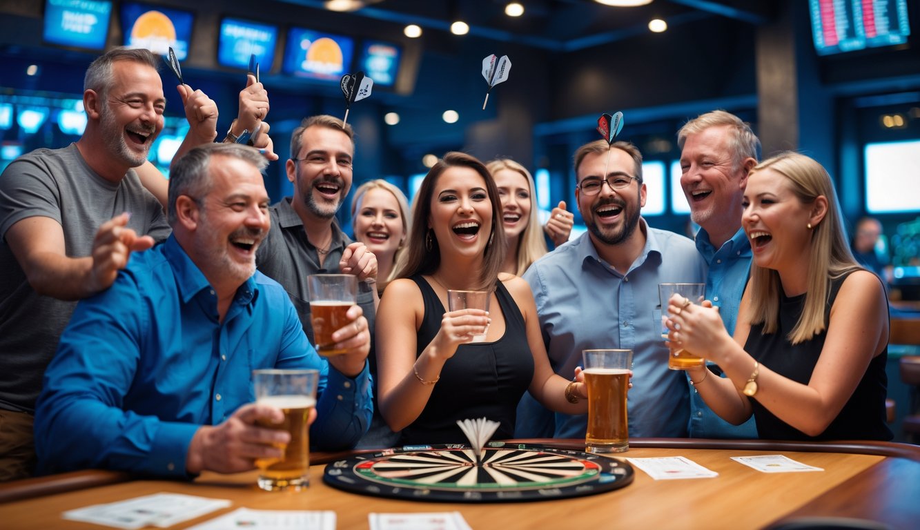 Beberapa orang bermain dart dan bersorak di sebuah bar olahraga yang ramai dengan papan dart dan suasana kompetitif.