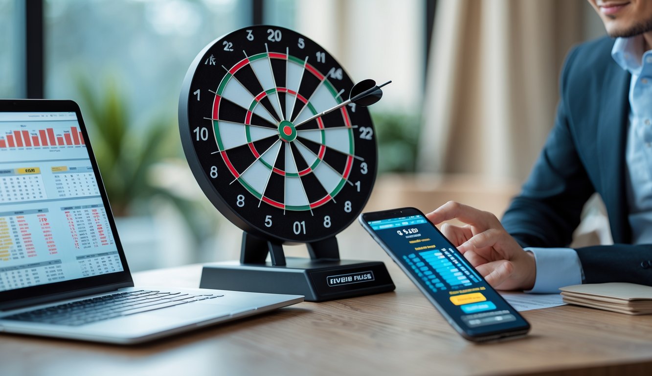 Seorang pria dengan pakaian bisnis santai sedang menganalisis data taruhan di depan papan dart dengan panah yang tepat mengenai bullseye.