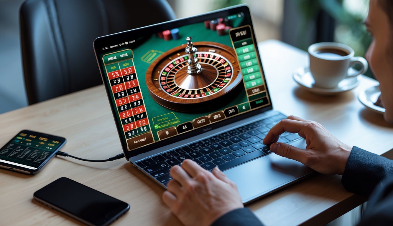 Seorang pemain sedang menggunakan laptop untuk bermain roulette online dengan tampilan roda roulette di layar, di atas meja yang rapi terdapat ponsel dan cangkir kopi.
