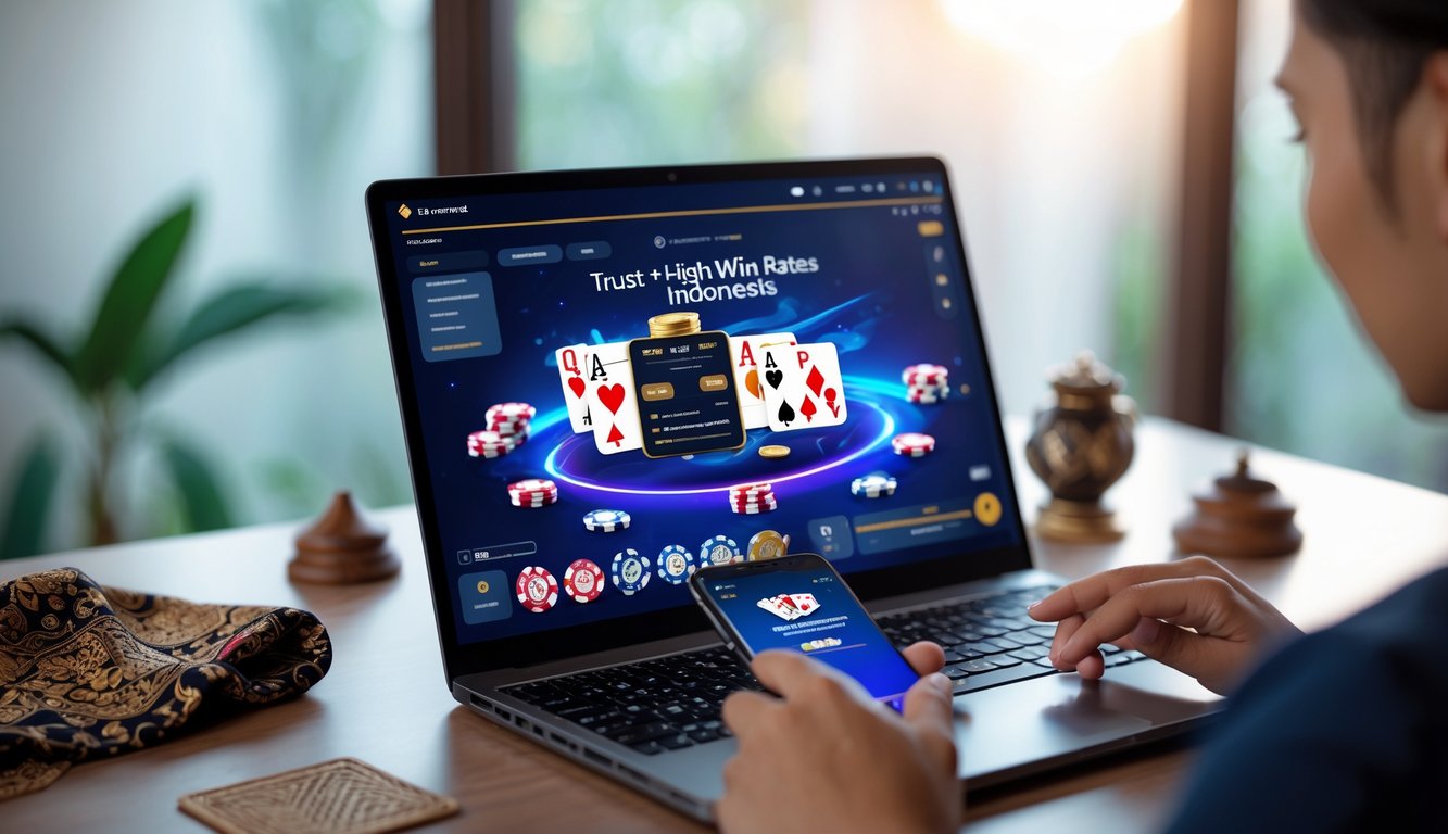 Seorang pemain menggunakan laptop dan ponsel untuk bermain poker online di ruang kerja yang rapi dengan dekorasi tradisional Indonesia.