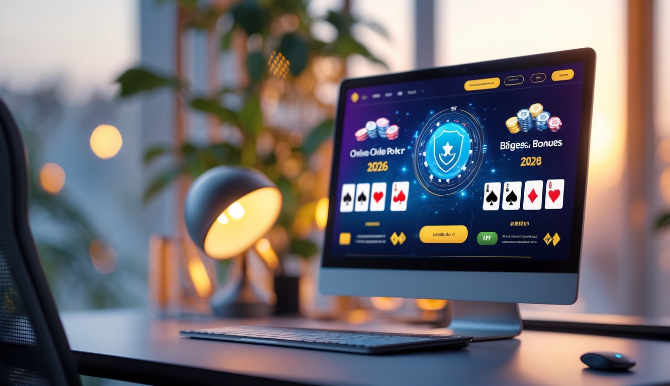 Sebuah meja dengan komputer yang menampilkan permainan poker online dengan chip poker dan kartu bermain, suasana hangat dan profesional.