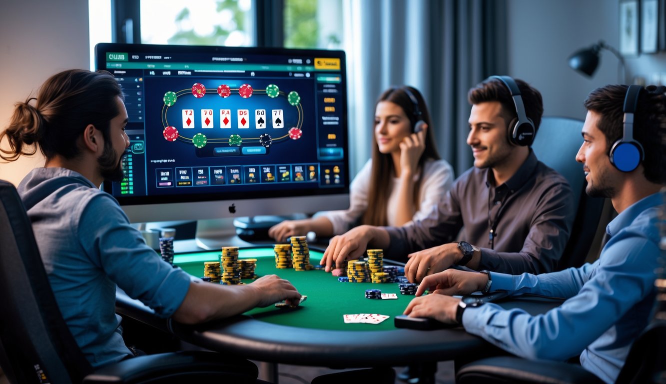 Sekelompok orang bermain poker online di ruang permainan modern dengan komputer dan perlengkapan poker di atas meja.