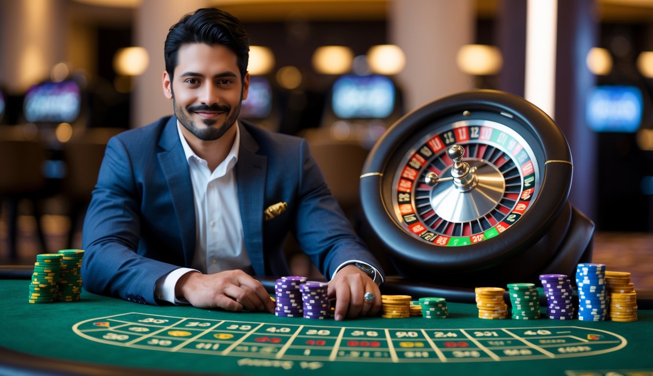 Seorang pria duduk di meja roulette di kasino, fokus dan memegang chip taruhan.