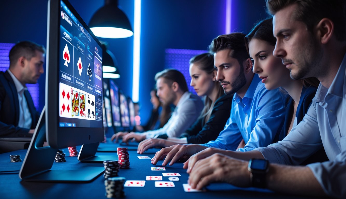 Beberapa orang sedang bermain poker online dengan komputer dan layar yang menampilkan kartu dan chip poker.