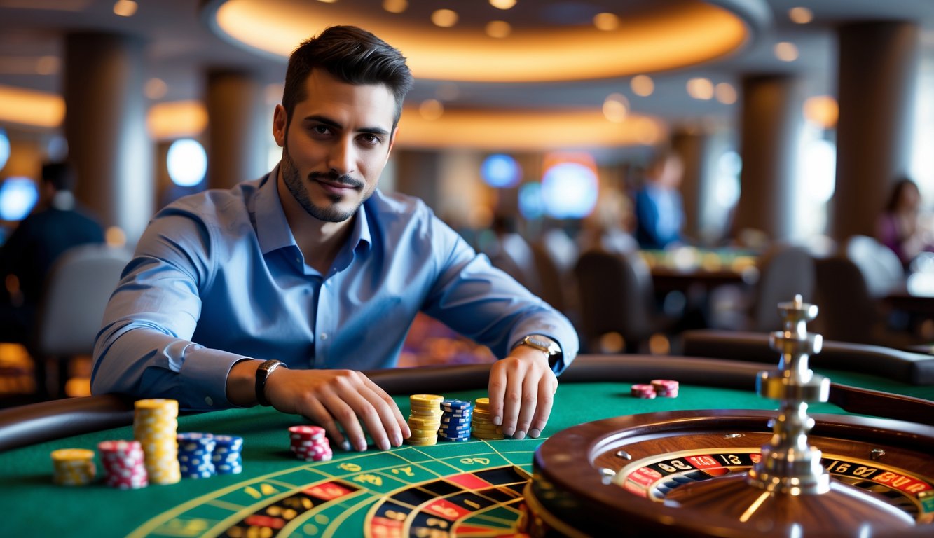 Seorang pria duduk di meja roulette di kasino dengan tumpukan chip dan roda roulette yang berputar.