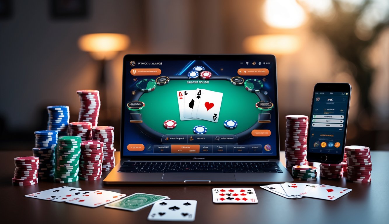 Meja dengan laptop yang menampilkan permainan poker online, tumpukan chip poker, kartu bermain, dan ponsel dengan aplikasi taruhan, suasana nyaman dengan pencahayaan hangat.