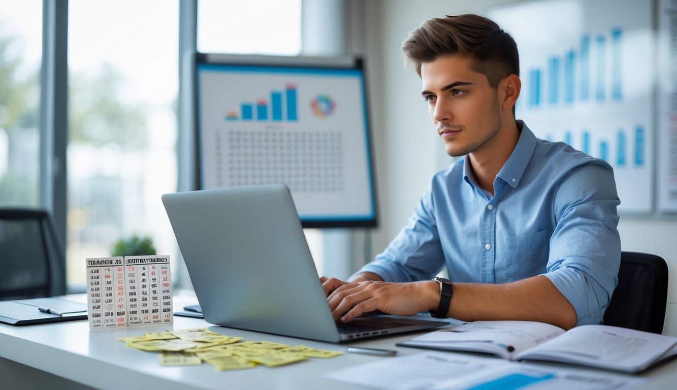 Seorang pria muda duduk di meja kerja dengan laptop dan tiket togel, sedang menganalisis data dengan serius.