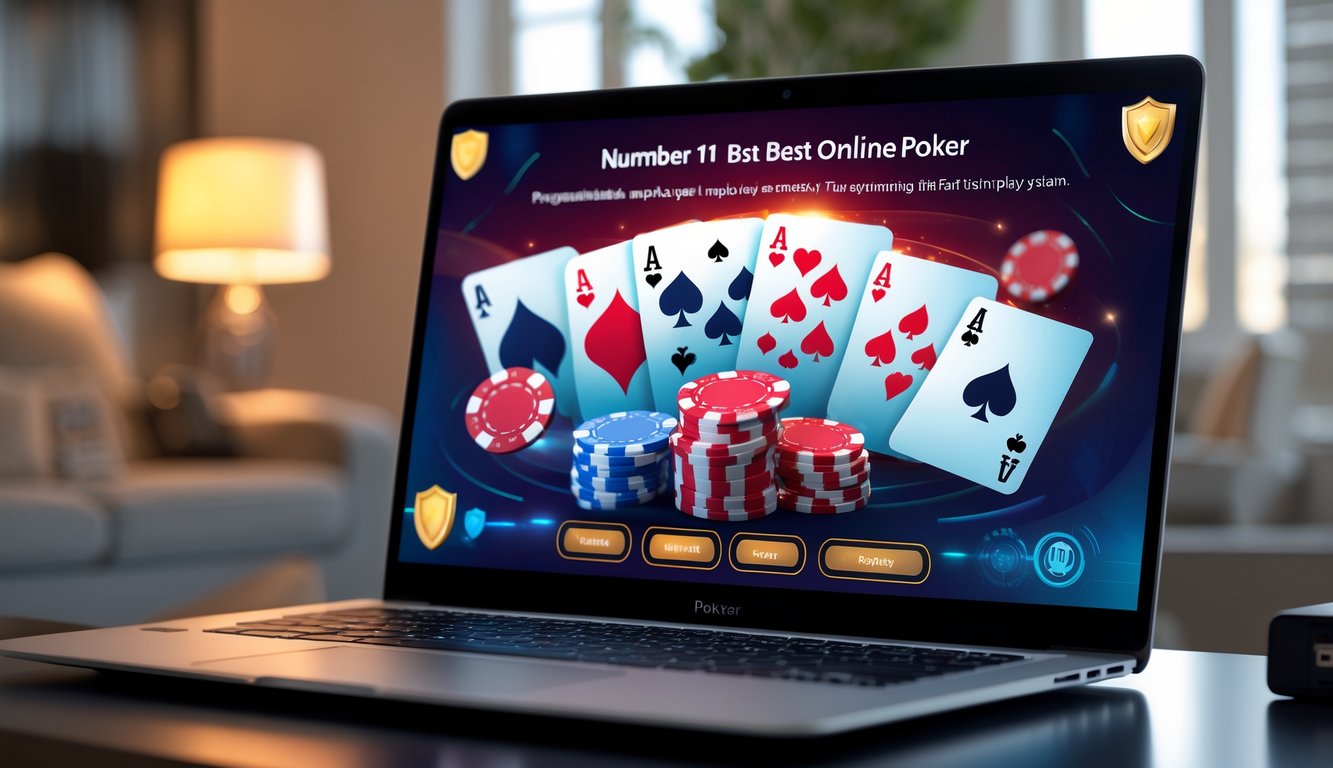Seorang pemain poker online menggunakan laptop di meja kerja dengan suasana yang rapi dan pencahayaan hangat.