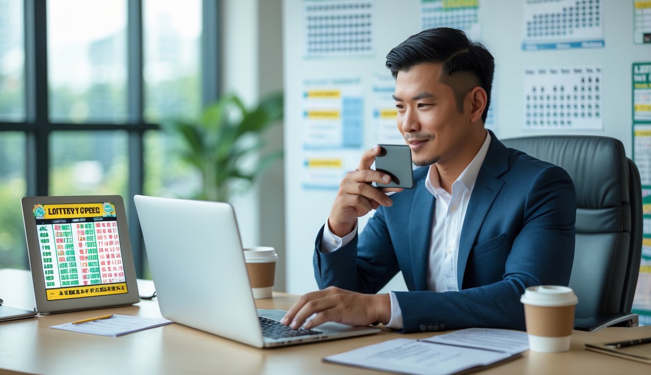 Seorang pria duduk di meja kantor dengan laptop dan ponsel, dikelilingi tiket lotre dan grafik, sedang fokus menganalisis data.