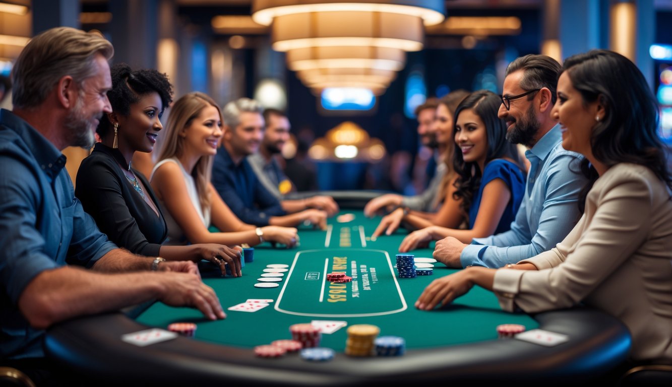 Beberapa orang dewasa bermain poker di meja hijau dengan chip dan kartu, suasana ruangan terang dan nyaman.