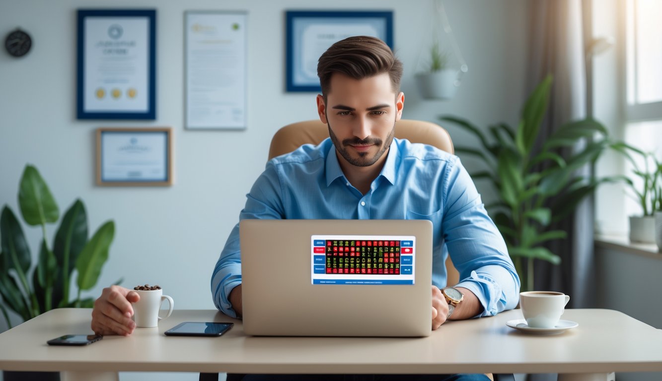 Seorang pria duduk di meja kerja dengan laptop, fokus pada layar yang menampilkan grafik dan angka, di ruang kantor yang rapi dan terang.