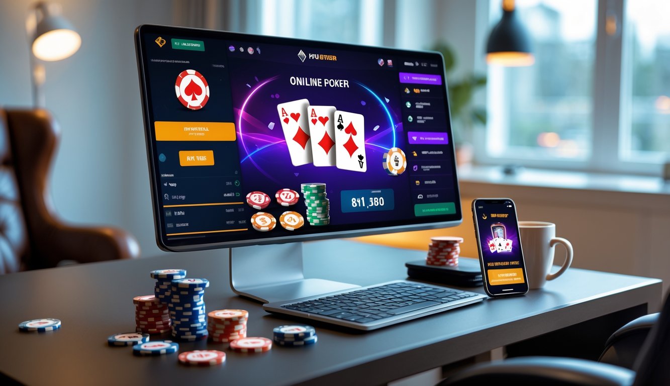 Sebuah meja dengan komputer menampilkan permainan poker online, tumpukan chip poker, dan suasana ruangan yang terang dan rapi.